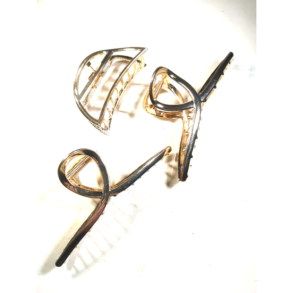 Lot Of 3 Alligator Clips Hair Barrettes Gold Tone Metal Everyday